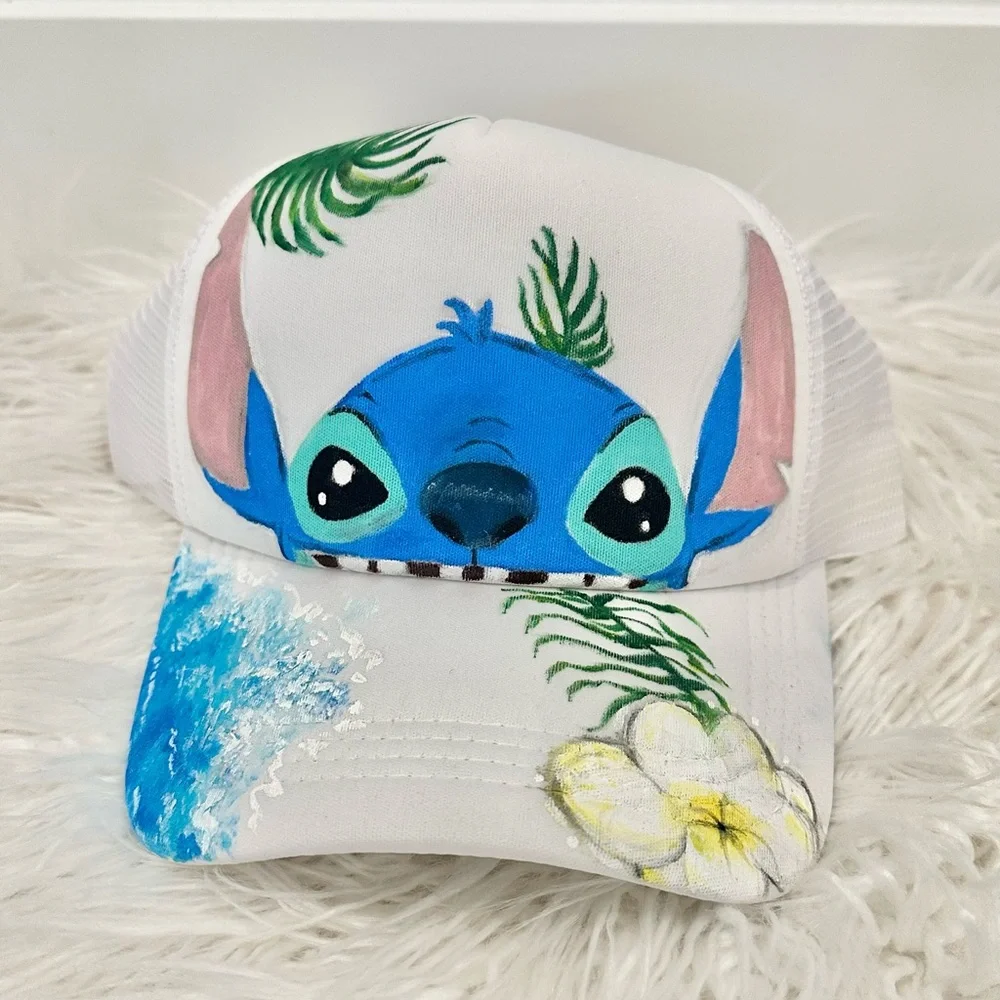 Stitch Cat Blue and White with Tropical Design Hat Handmade Adjustable